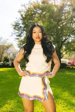 Queen Of Sparkles Beige Rainbow Wavy Shoulder Pad Tank -Queen of Sparkles soelstudio QOSMarch2023 211