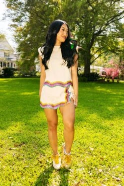 Queen Of Sparkles Beige Rainbow Wavy Shoulder Pad Tank