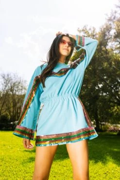 Queen Of Sparkles Teal Rainbow Sequin Stripe Dress Long Sleeve