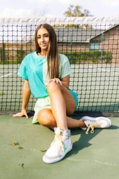 Queen Of Sparkles Teal & Pale Green Active Rhinestone Short Sleeve Top