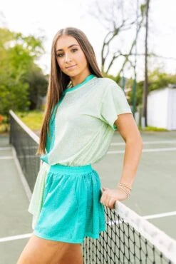 Queen Of Sparkles Teal & Pale Green Active Rhinestone Short Sleeve Top 7 Queen Of Sparkles Teal & Pale Green Active Rhinestone Short Sleeve Top -Queen of Sparkles soelstudio QOSMarch2023 344