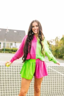 Queen Of Sparkles Hot Pink & Apple Green Rhinestone Polo Sweatshirt -Queen of Sparkles soelstudio QOSMarch2023 352