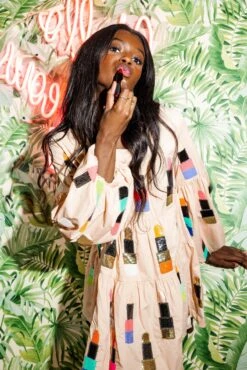 Queen Of Sparkles Beige Rainbow Lipstick Dress -Queen of Sparkles soelstudio QOS JUNE 324